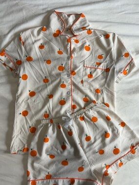 Orange Print Short Pajama Set - Cream with Orange